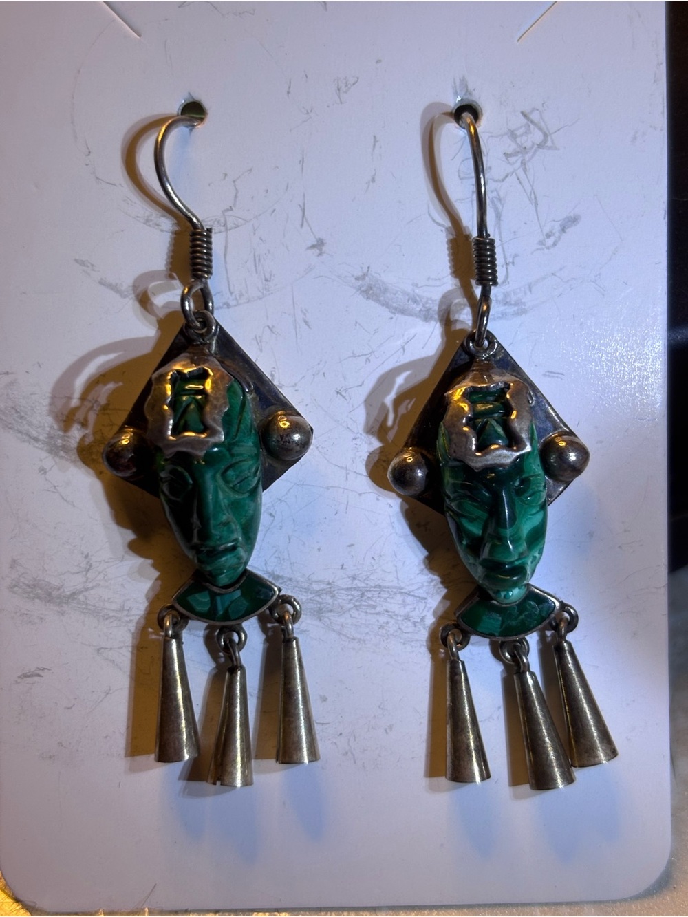 Vintage Taxco Malachite 925 Mayan/Aztec Mask Earrings